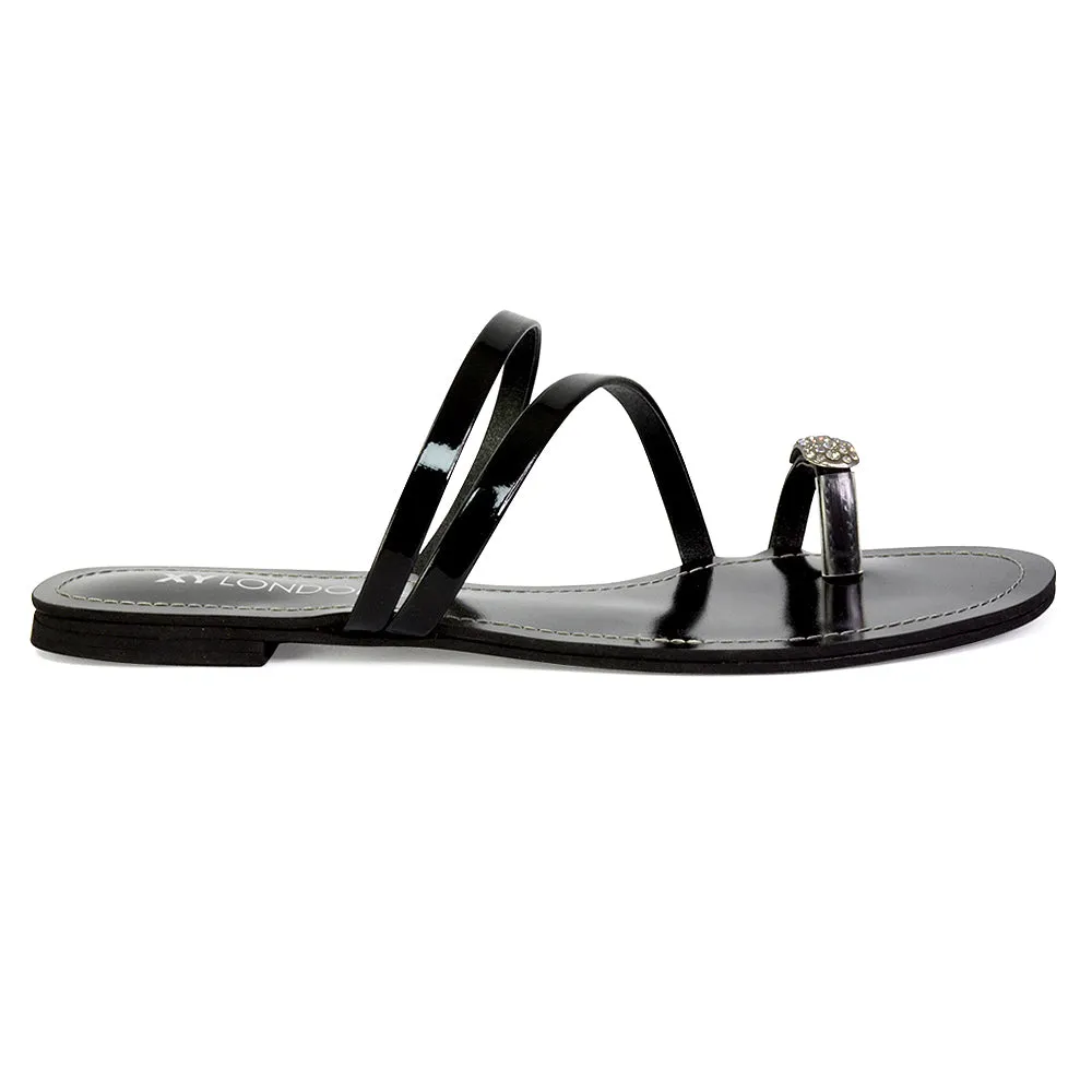 Bliss Embellished Toe Ring Strappy Slip On Flat Diamante Sandal Slides in Black