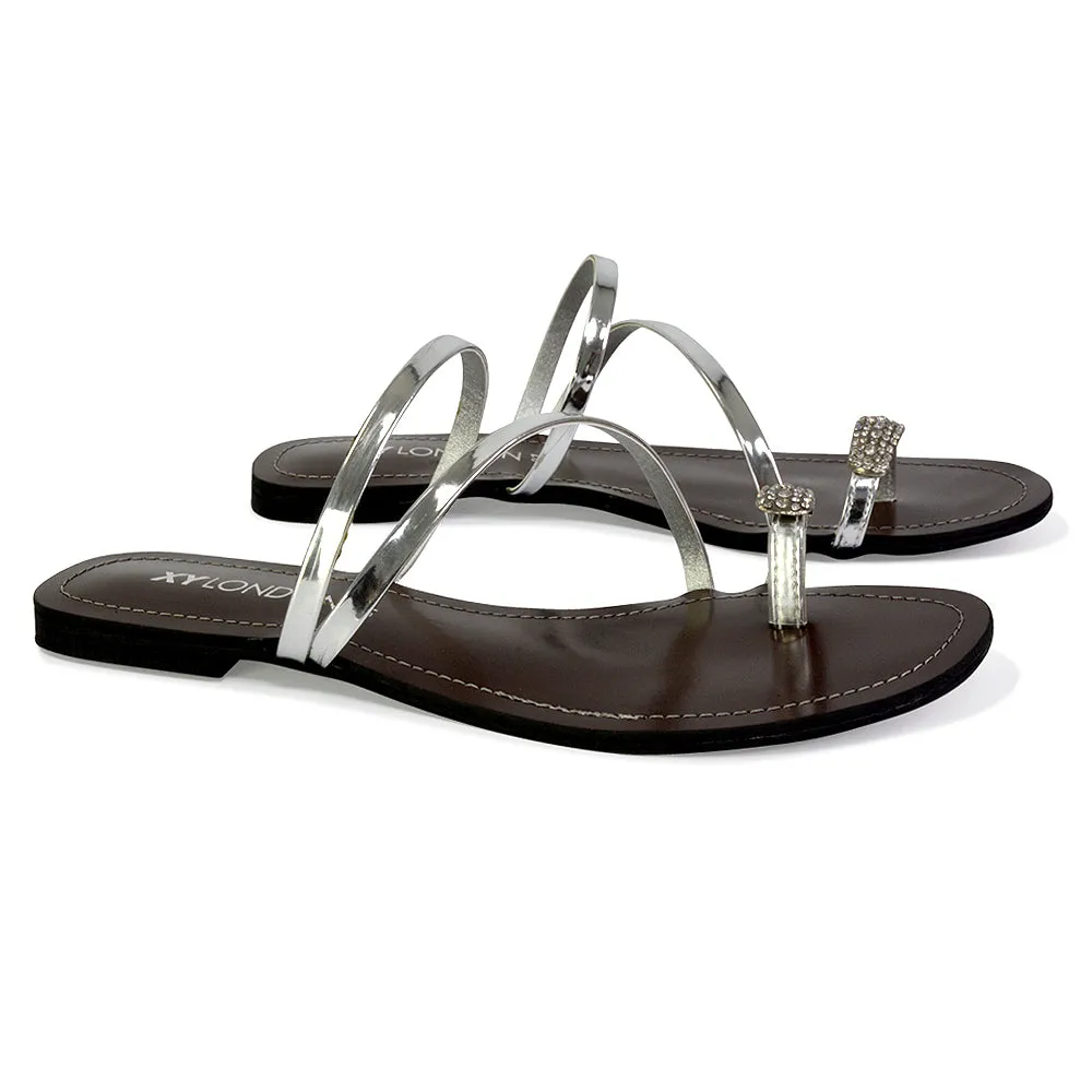 Bliss Embellished Toe Ring Strappy Slip On Flat Diamante Sandal Slides in Black
