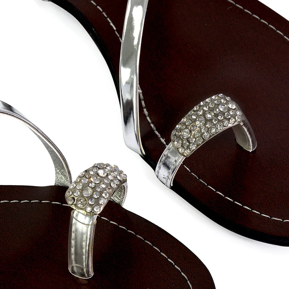 Bliss Embellished Toe Ring Strappy Slip On Flat Diamante Sandal Slides in Black