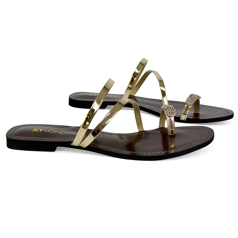 Bliss Embellished Toe Ring Strappy Slip On Flat Diamante Sandal Slides in Black