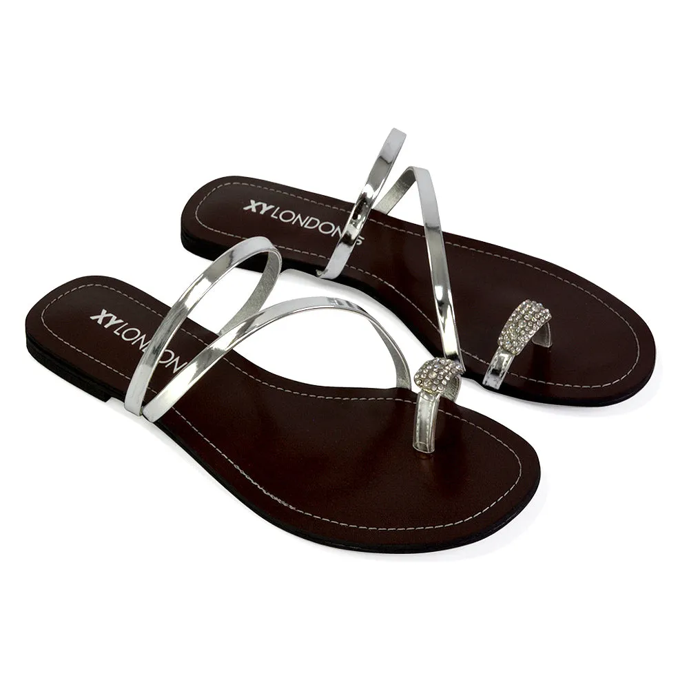 Bliss Embellished Toe Ring Strappy Slip On Flat Diamante Sandal Slides in Black