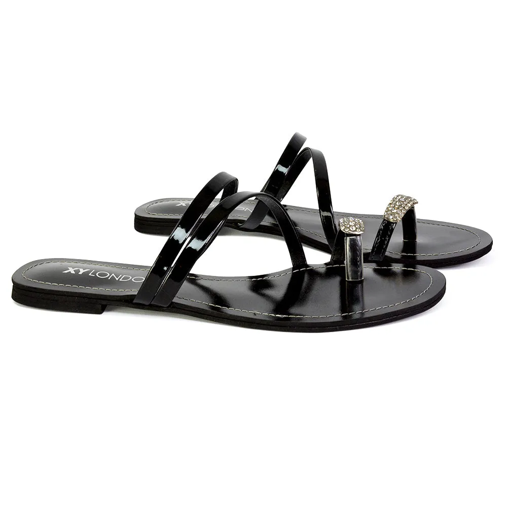 Bliss Embellished Toe Ring Strappy Slip On Flat Diamante Sandal Slides in Black