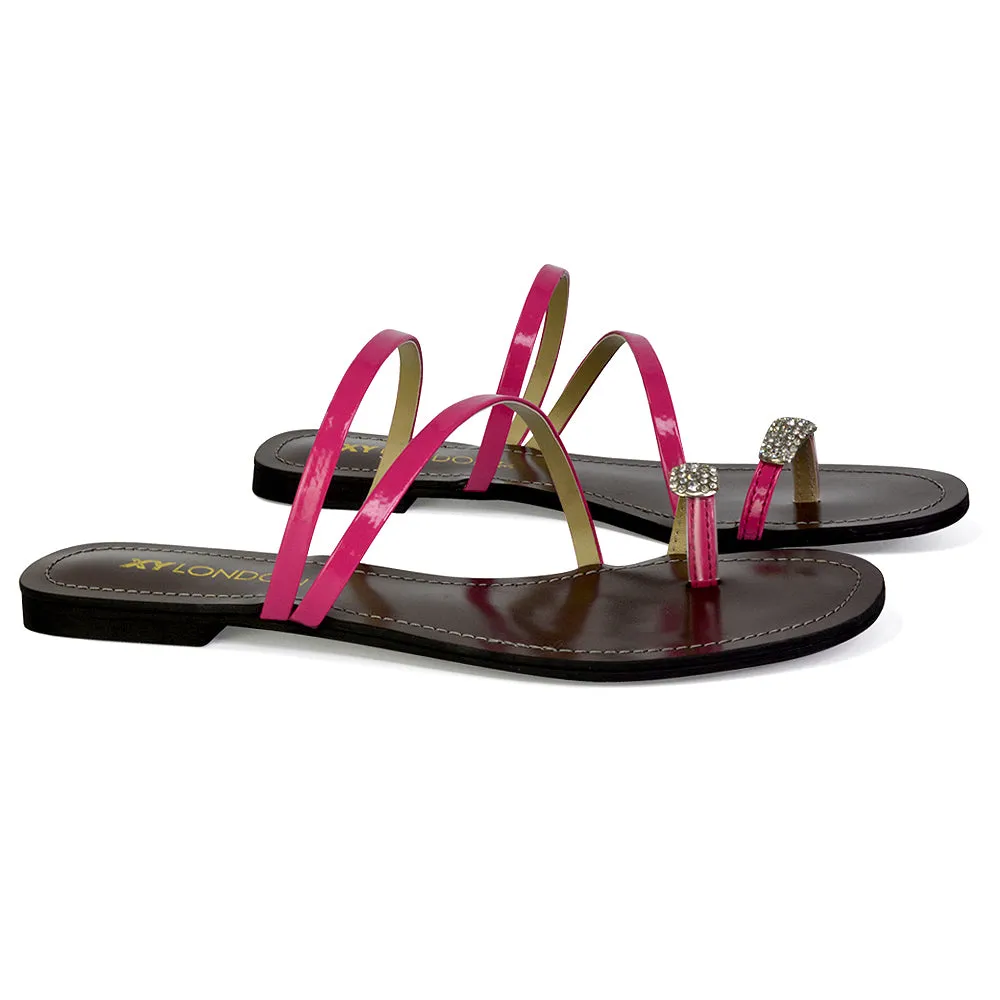 Bliss Embellished Toe Ring Strappy Slip On Flat Diamante Sandal Slides in Black
