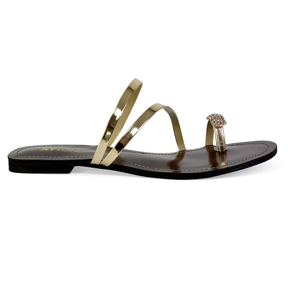 Bliss Embellished Toe Ring Strappy Slip On Flat Diamante Sandal Slides in Black