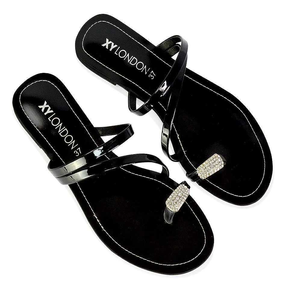 Bliss Embellished Toe Ring Strappy Slip On Flat Diamante Sandal Slides in Black