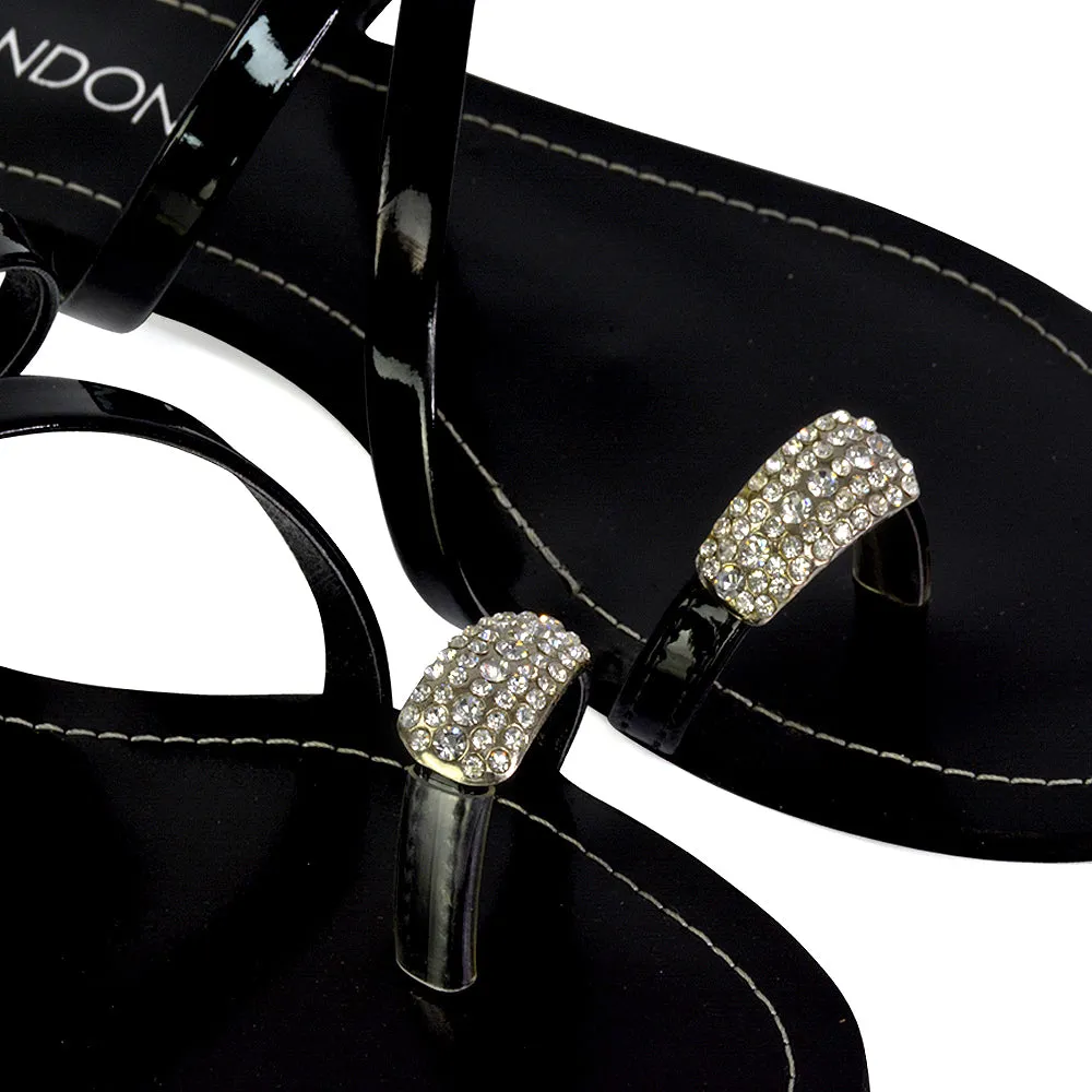 Bliss Embellished Toe Ring Strappy Slip On Flat Diamante Sandal Slides in Black