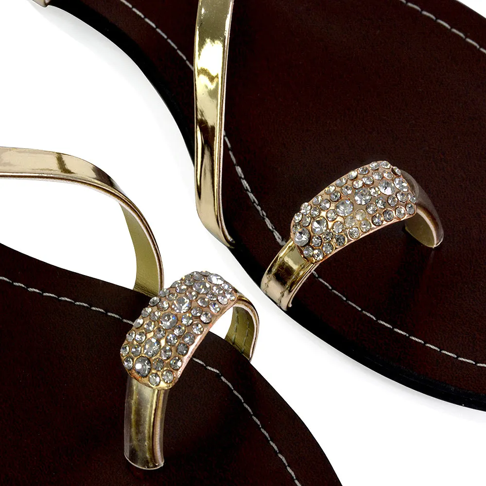 Bliss Embellished Toe Ring Strappy Slip On Flat Diamante Sandal Slides in Black