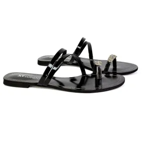 Bliss Embellished Toe Ring Strappy Slip On Flat Diamante Sandal Slides in Black