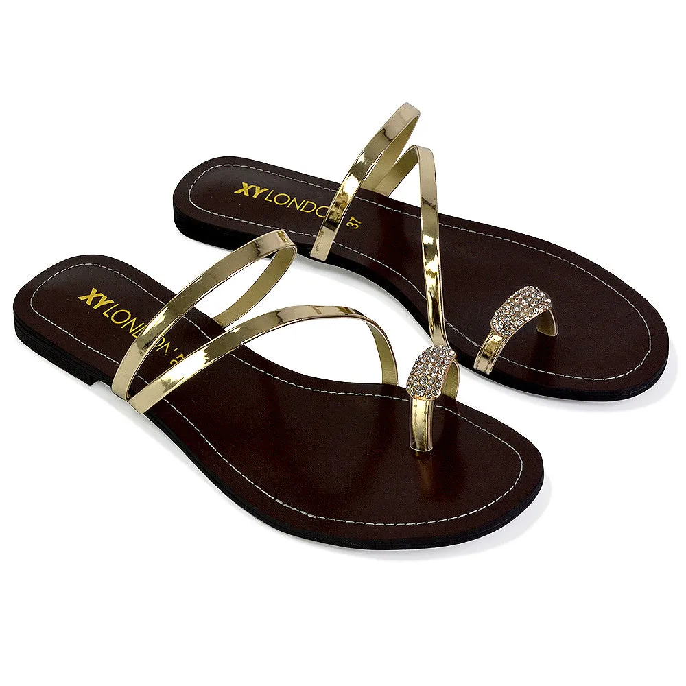Bliss Embellished Toe Ring Strappy Slip On Flat Diamante Sandal Slides in Black