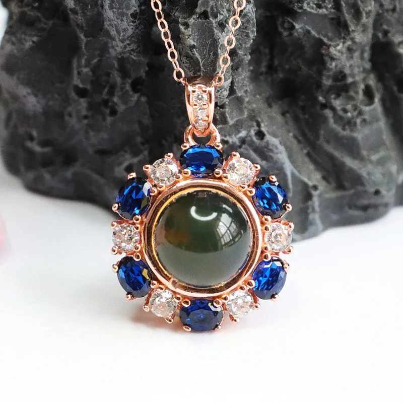 Blue Amber and Zircon Floral Necklace in Sterling Silver