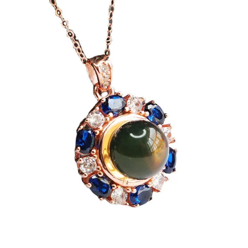 Blue Amber and Zircon Floral Necklace in Sterling Silver