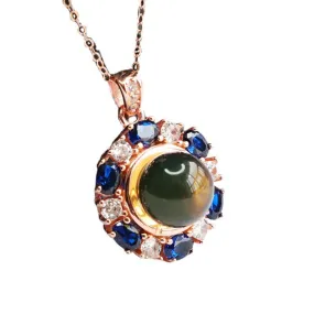 Blue Amber and Zircon Floral Necklace in Sterling Silver