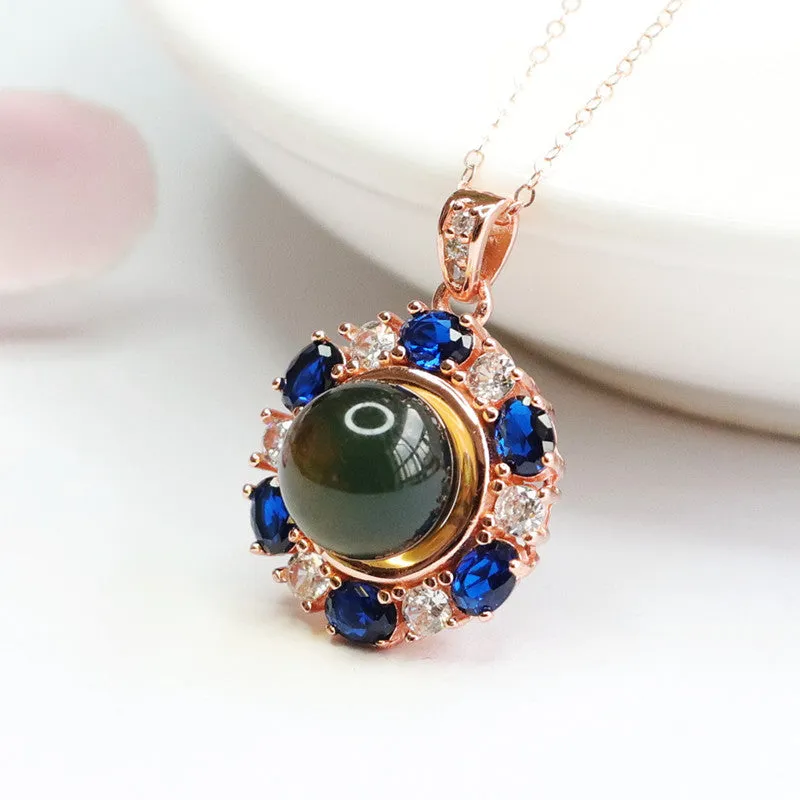 Blue Amber and Zircon Floral Necklace in Sterling Silver