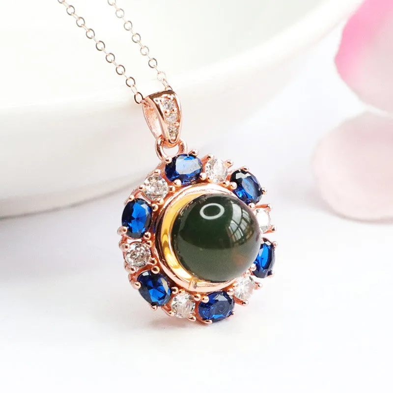 Blue Amber and Zircon Floral Necklace in Sterling Silver