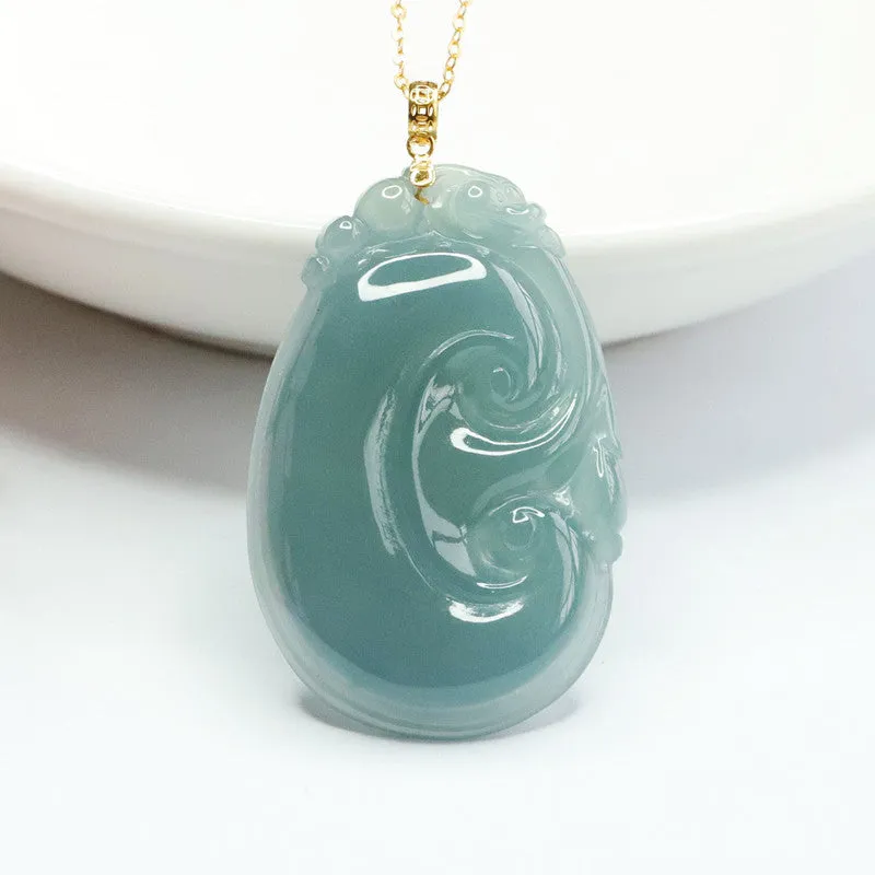 Blue Green Ruyi Jade Necklace with Sterling Silver Pendant