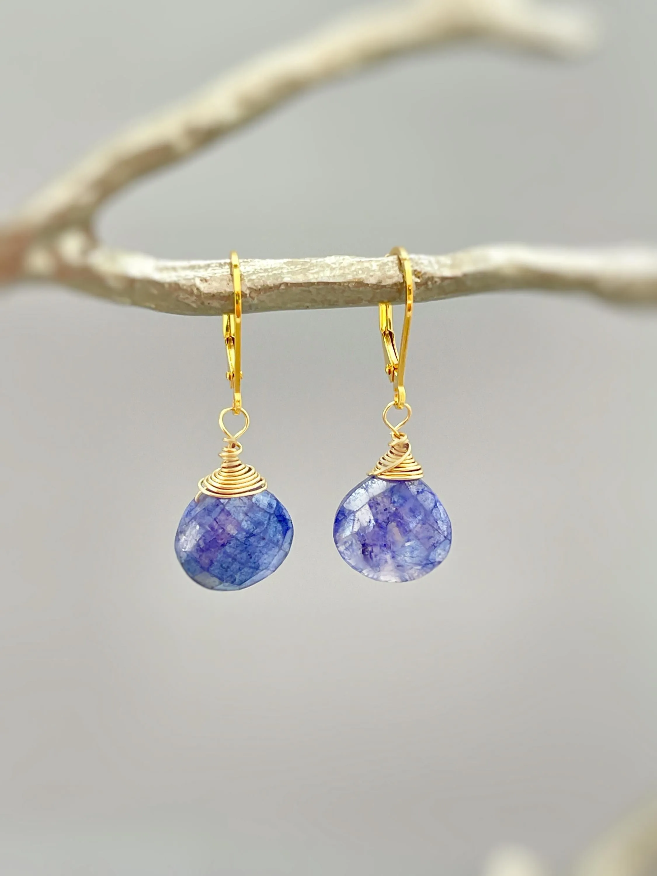 Blue Moonstone Earrings Dangle Gold, Silver Leverback