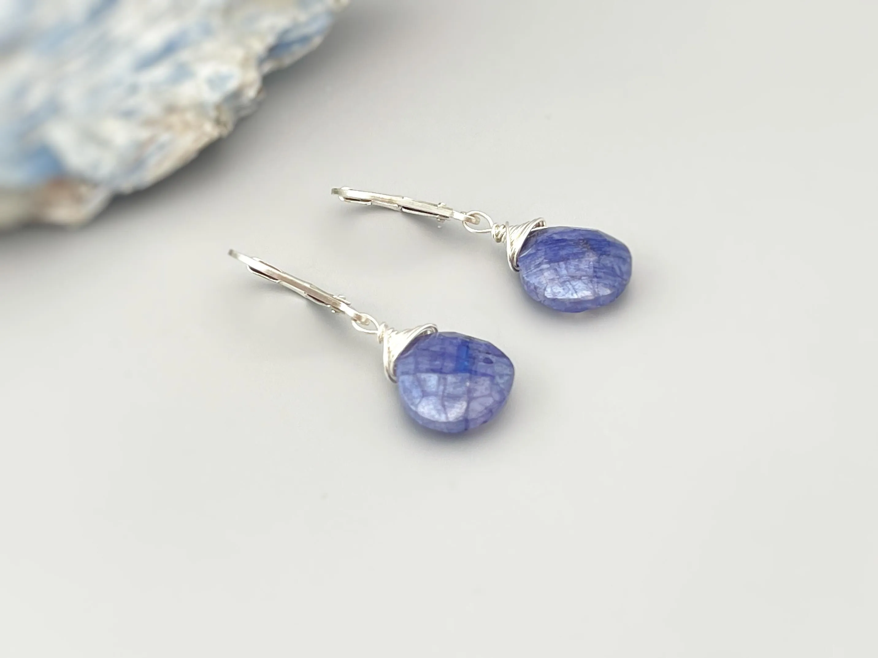 Blue Moonstone Earrings Dangle Gold, Silver Leverback