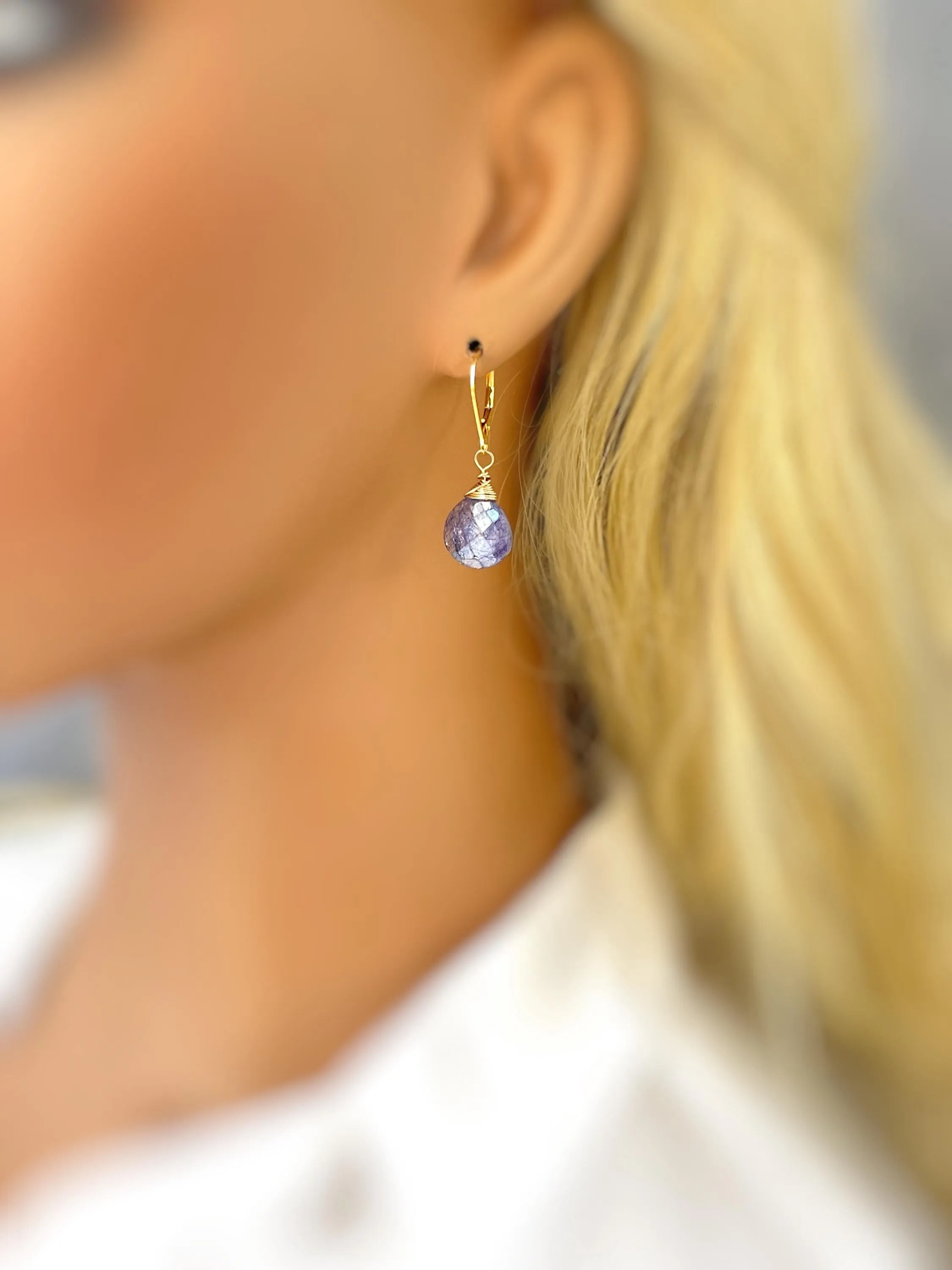 Blue Moonstone Earrings Dangle Gold, Silver Leverback