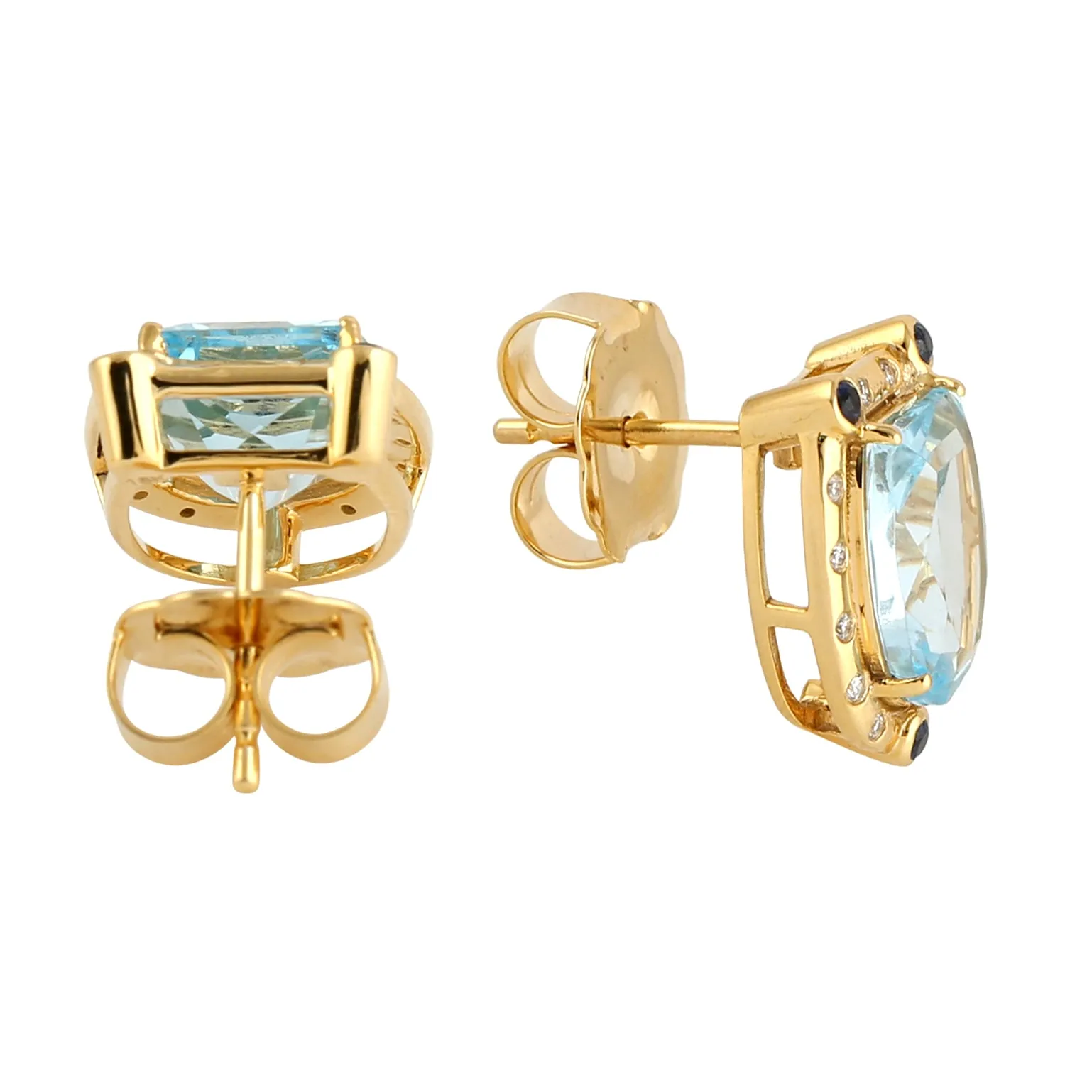Blue Topaz Blue Sapphire Diamond 18k Yellow Gold Handmade Stud Earrings For Her