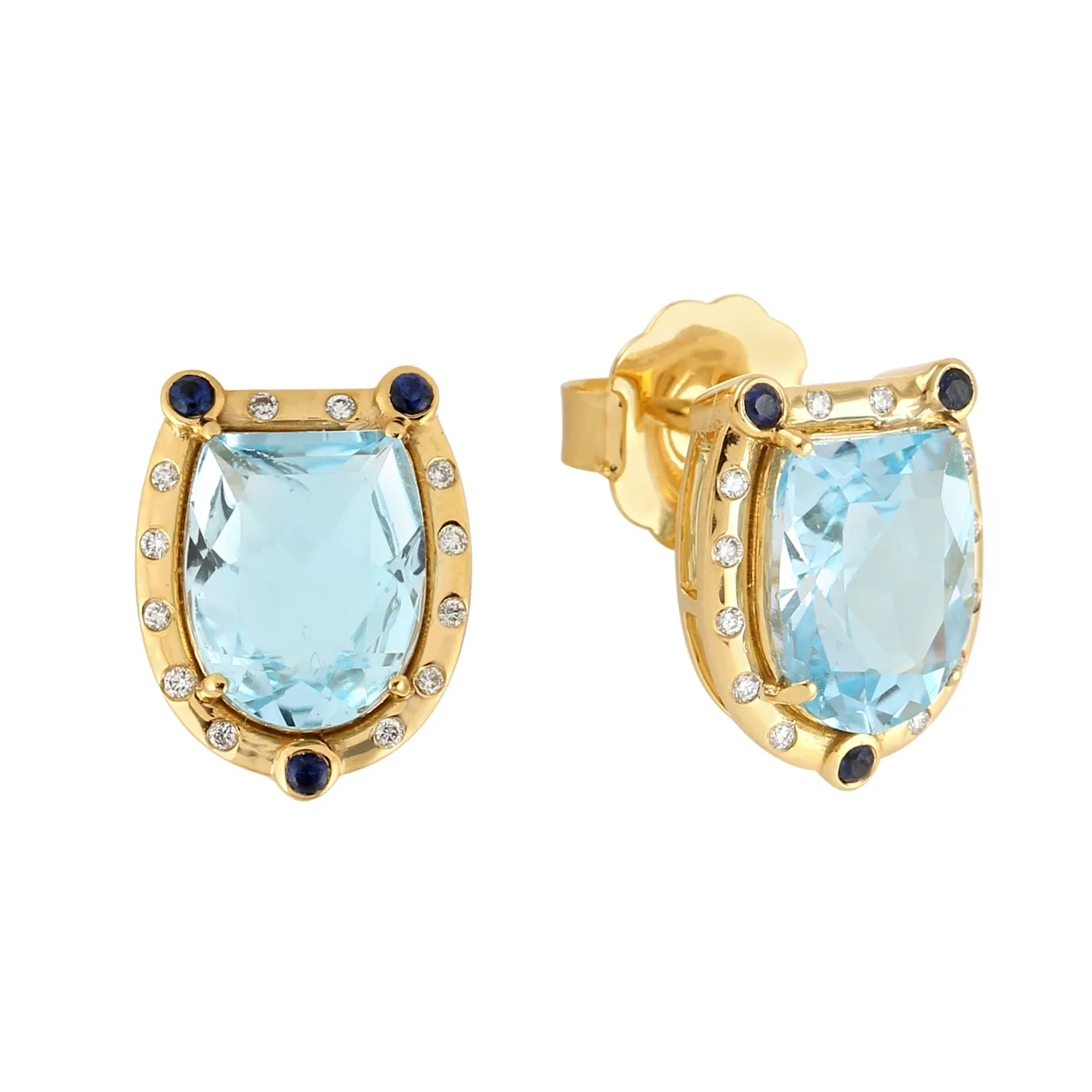 Blue Topaz Blue Sapphire Diamond 18k Yellow Gold Handmade Stud Earrings For Her