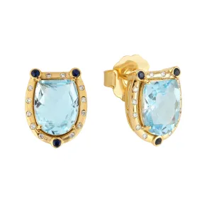 Blue Topaz Blue Sapphire Diamond 18k Yellow Gold Handmade Stud Earrings For Her