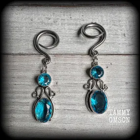 Blue topaz boho hanging gauges-Gemstone ear weights