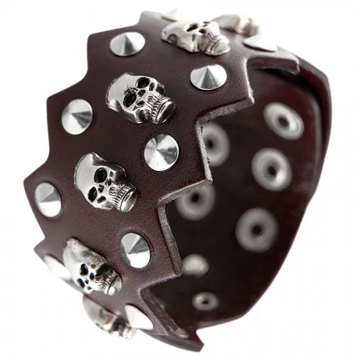 Brown Leather Spikes & Skulls Bracelet