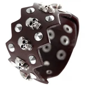 Brown Leather Spikes & Skulls Bracelet