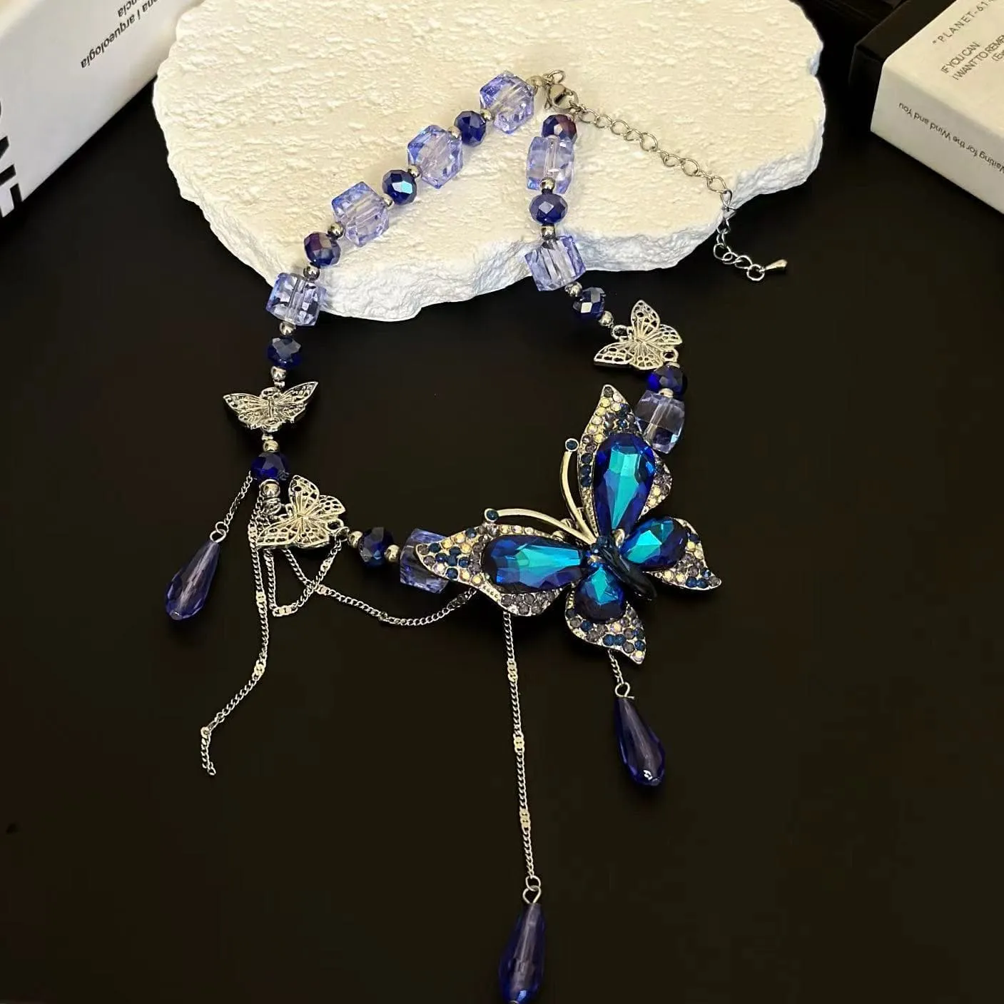 Butterfly beaded pendant choker necklace