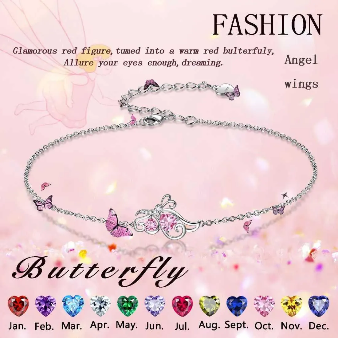 Butterfly Birthstone April Diamond Bracelet Women Girls Jewelry Birthday Gift 925 Sterling Silver