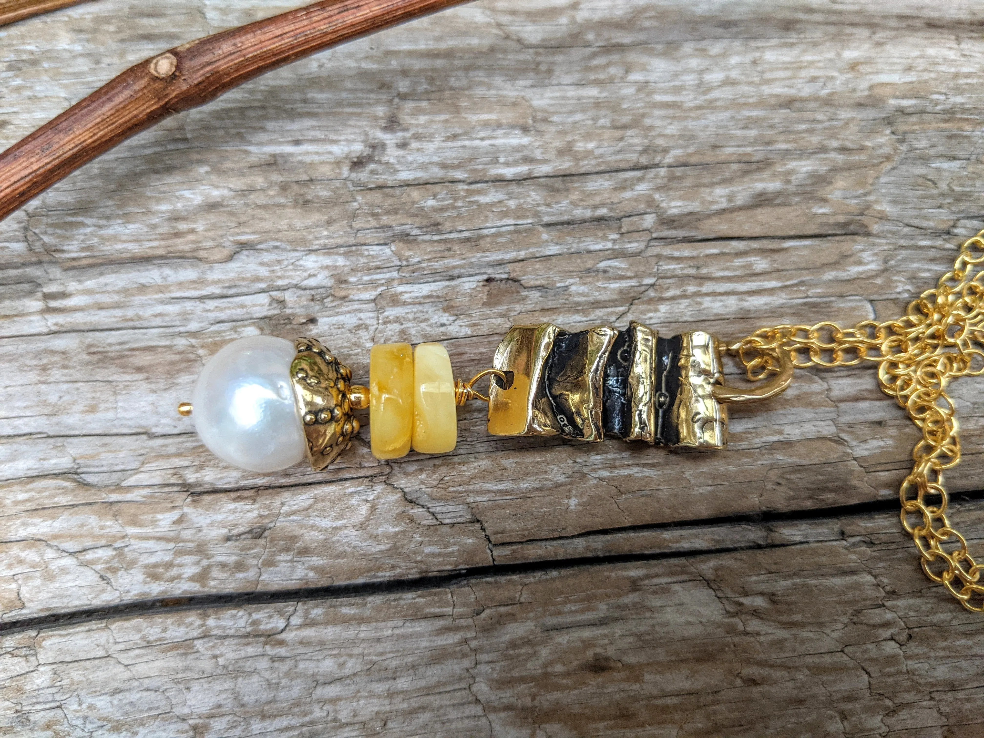 Butterscotch Amber & Pearl Pendant Necklace