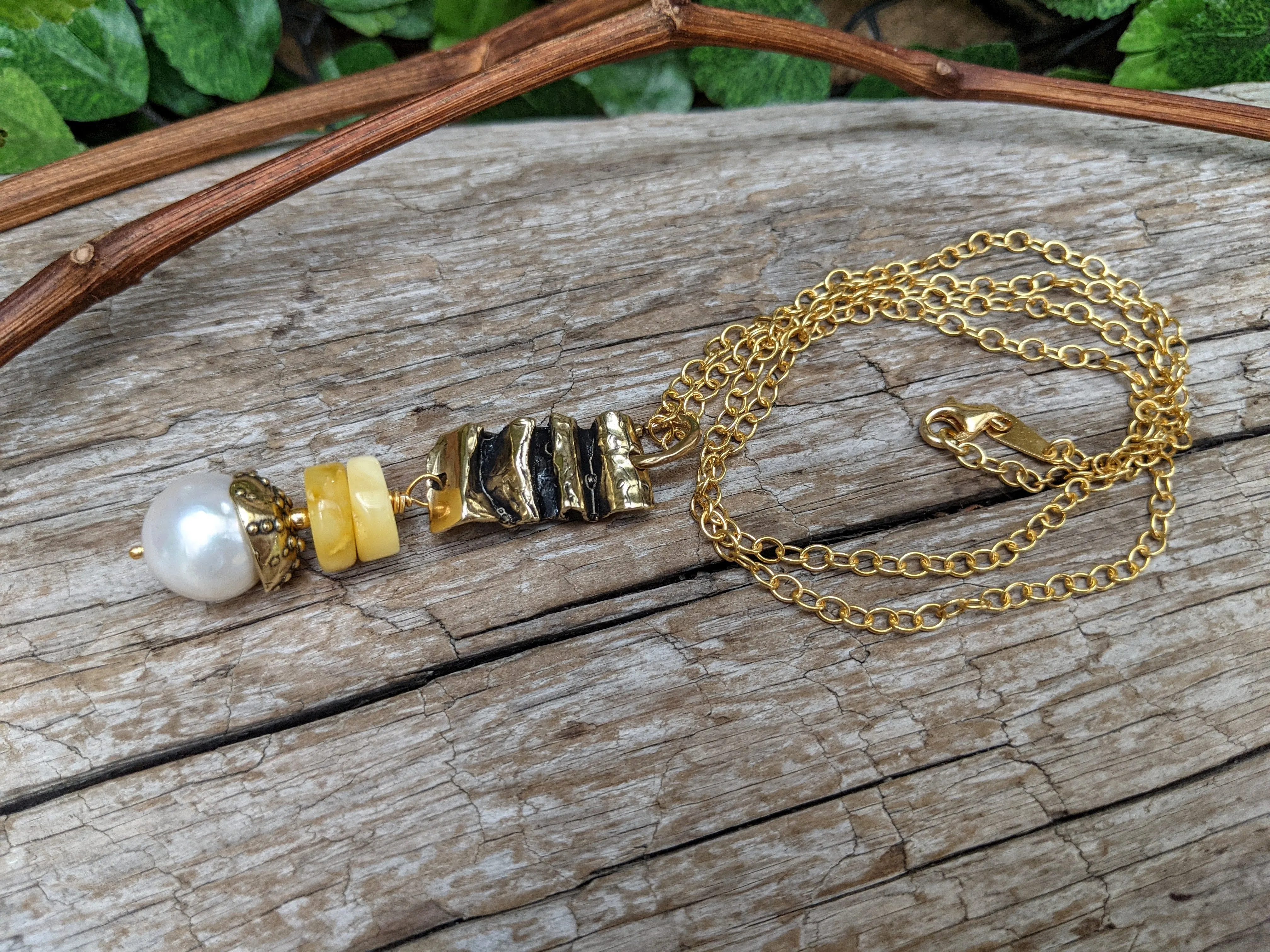 Butterscotch Amber & Pearl Pendant Necklace