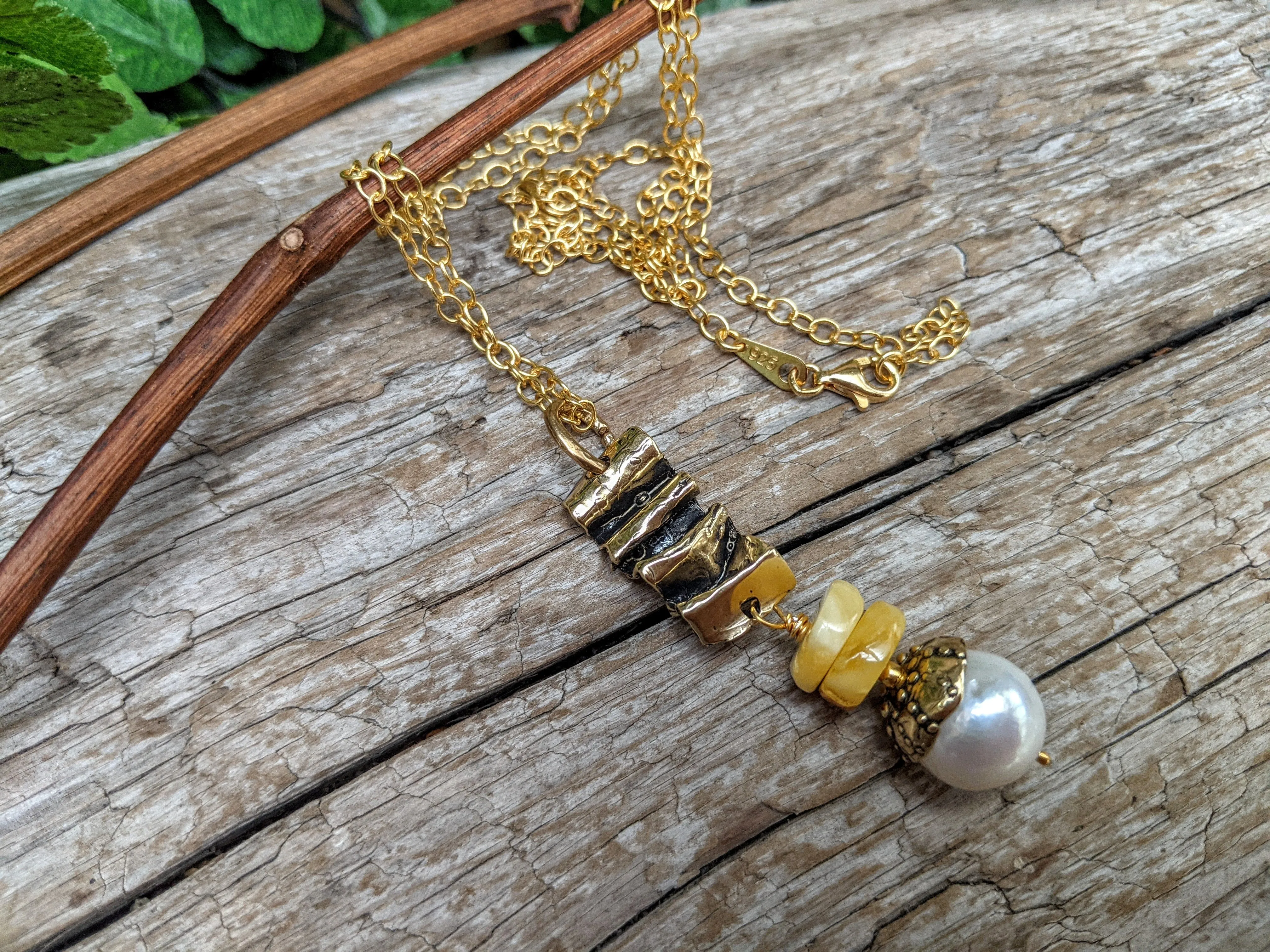 Butterscotch Amber & Pearl Pendant Necklace