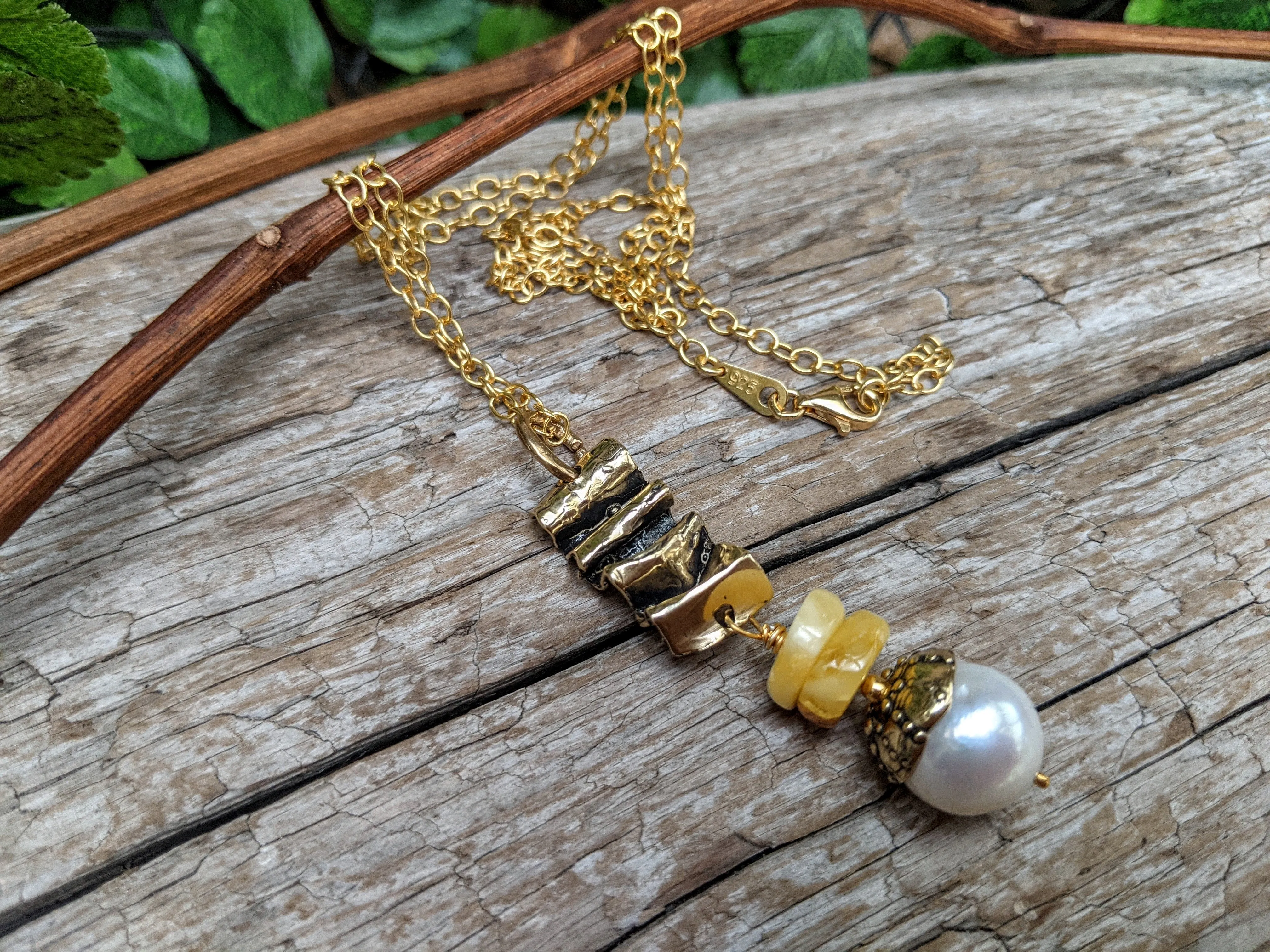 Butterscotch Amber & Pearl Pendant Necklace
