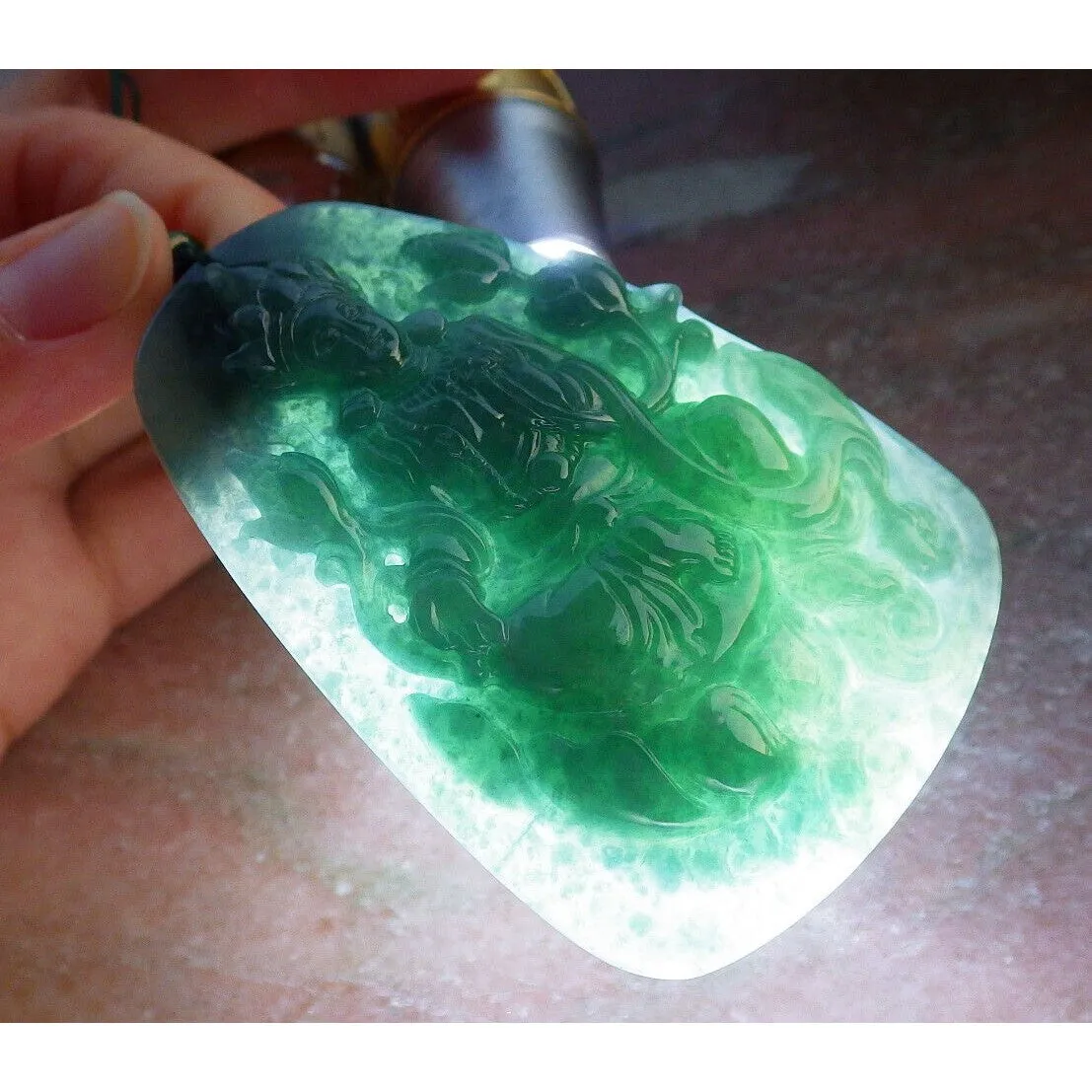 Certified Green Burma Natural A Jade Jadeite Pendant Guanyin Lotus Necklace