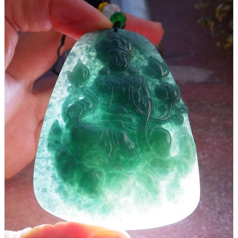 Certified Green Burma Natural A Jade Jadeite Pendant Guanyin Lotus Necklace