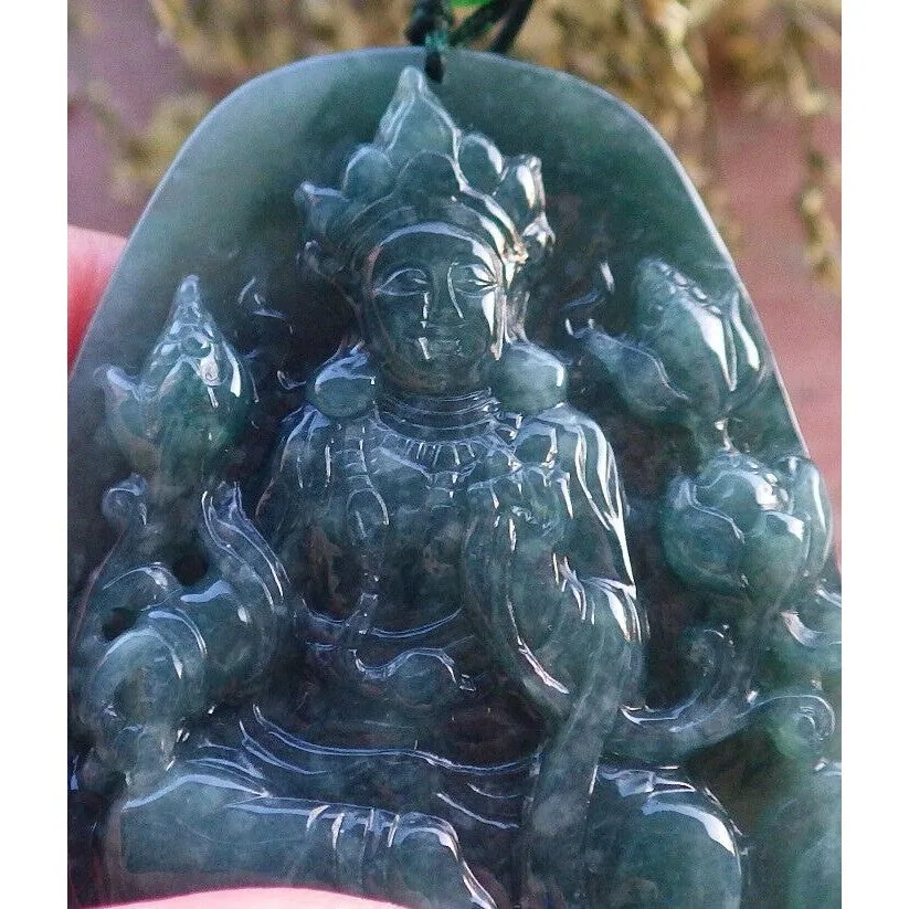 Certified Green Burma Natural A Jade Jadeite Pendant Guanyin Lotus Necklace