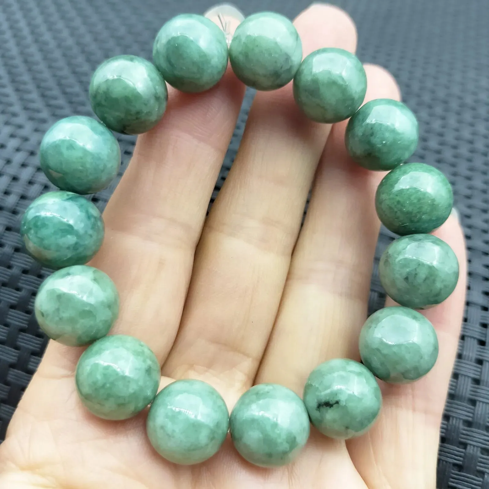 Certified Green Burma Natural A Jadeite Carved 12.2MM Bead Stretch Bracelet