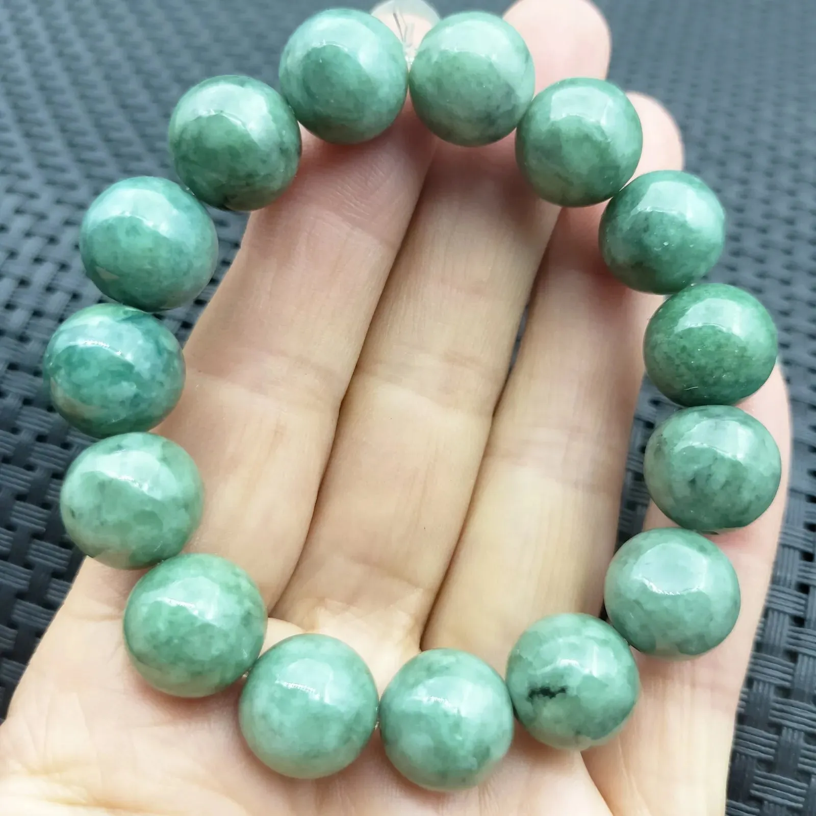 Certified Green Burma Natural A Jadeite Carved 12.2MM Bead Stretch Bracelet