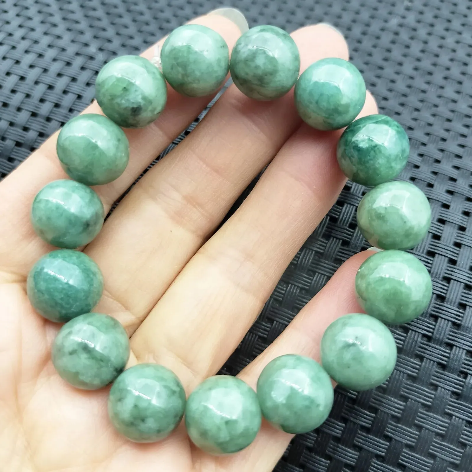 Certified Green Burma Natural A Jadeite Carved 12.2MM Bead Stretch Bracelet