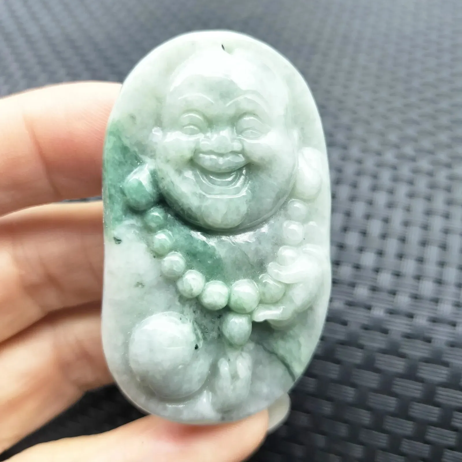 Certified Green Lavender Natural Type A Jadeite Carved Happy Buddha God Pendant Necklace