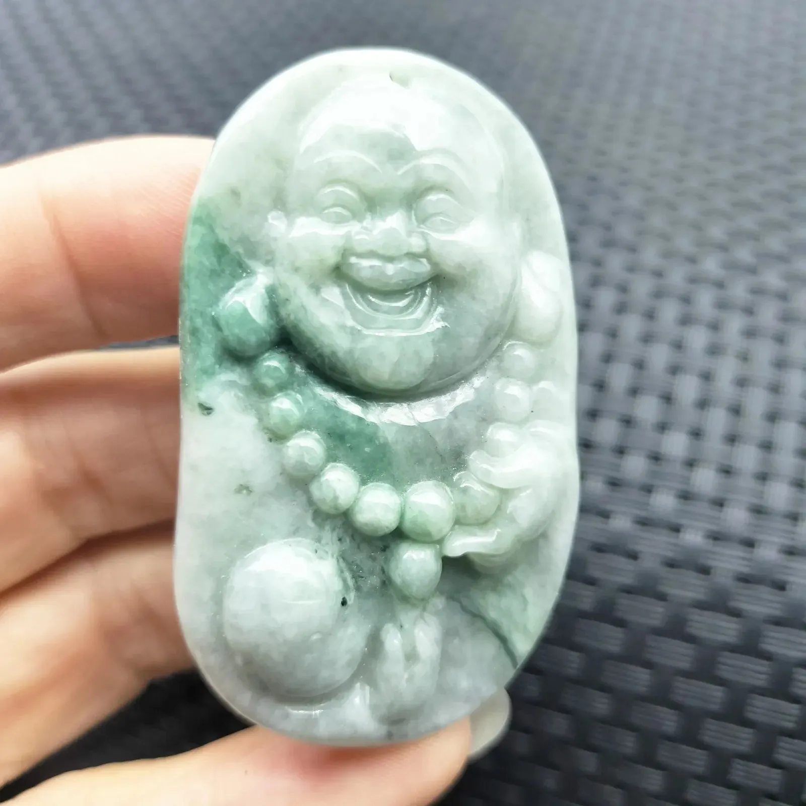 Certified Green Lavender Natural Type A Jadeite Carved Happy Buddha God Pendant Necklace