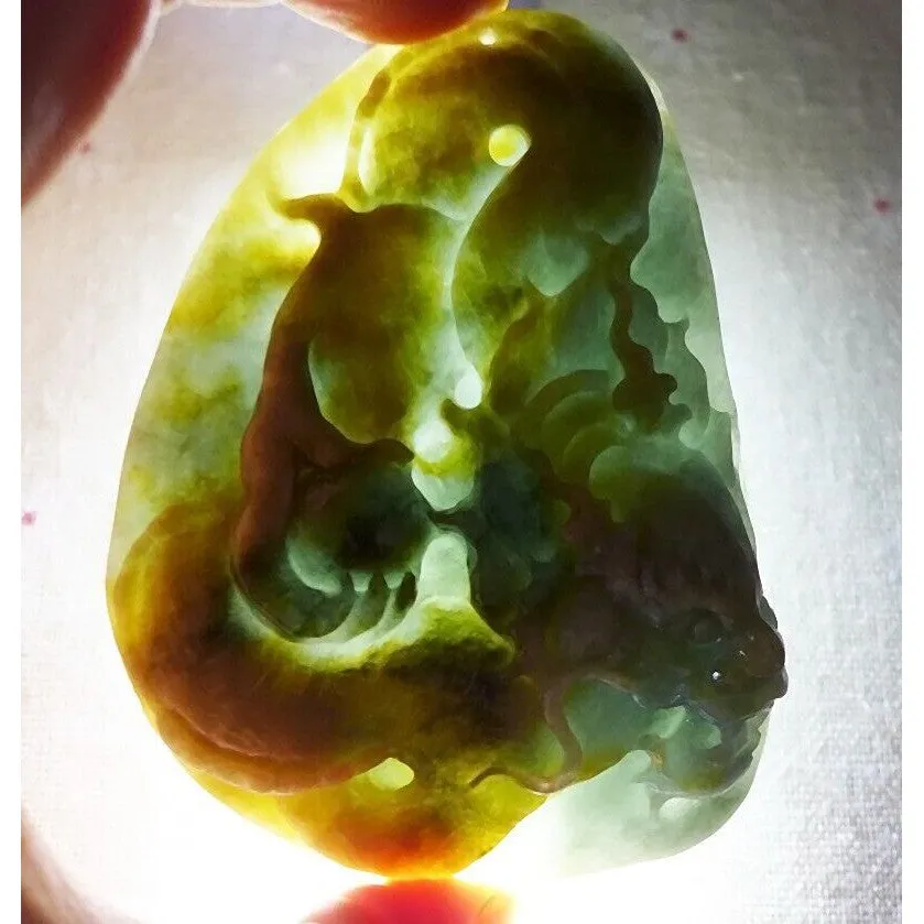 Certified Natural Type A Yellow Jadeite Jade Big Dragon Pendant Necklace
