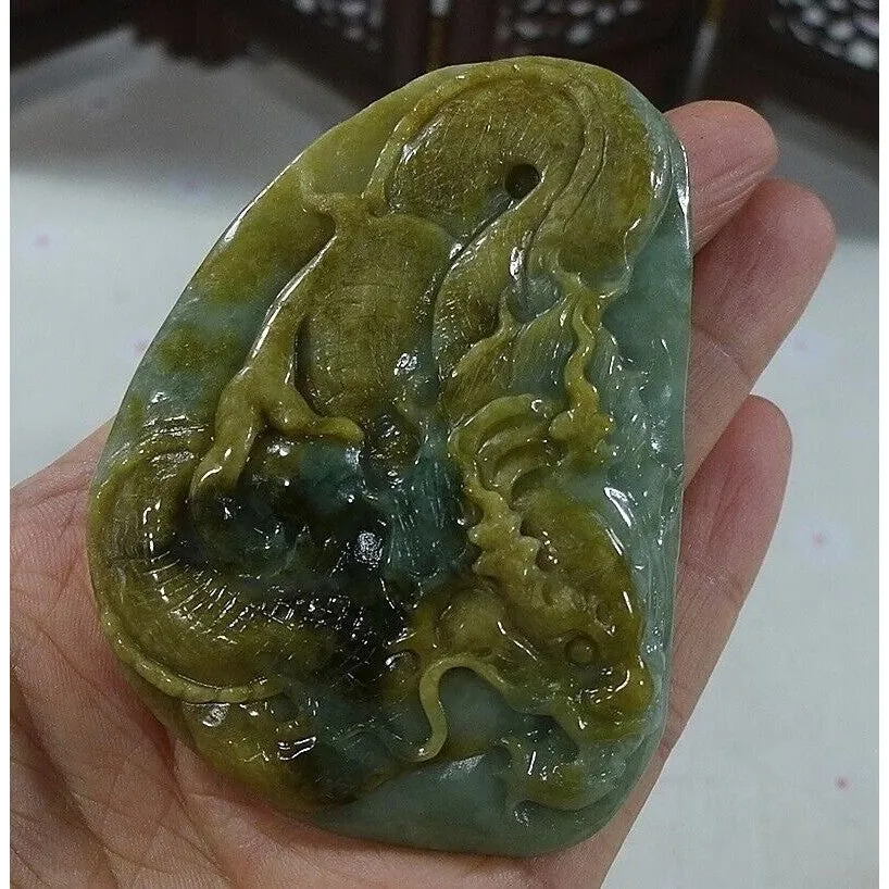 Certified Natural Type A Yellow Jadeite Jade Big Dragon Pendant Necklace