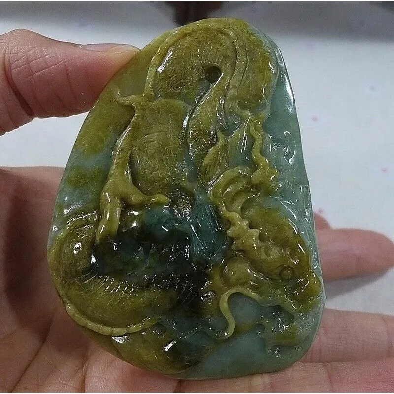 Certified Natural Type A Yellow Jadeite Jade Big Dragon Pendant Necklace