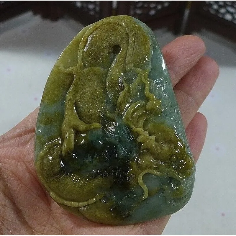 Certified Natural Type A Yellow Jadeite Jade Big Dragon Pendant Necklace