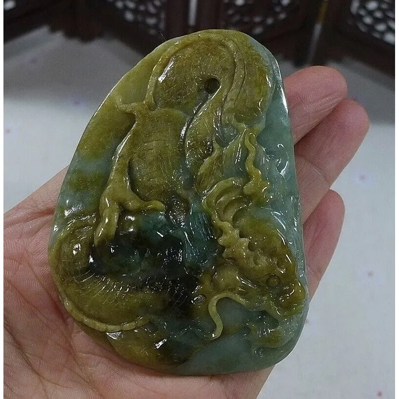 Certified Natural Type A Yellow Jadeite Jade Big Dragon Pendant Necklace