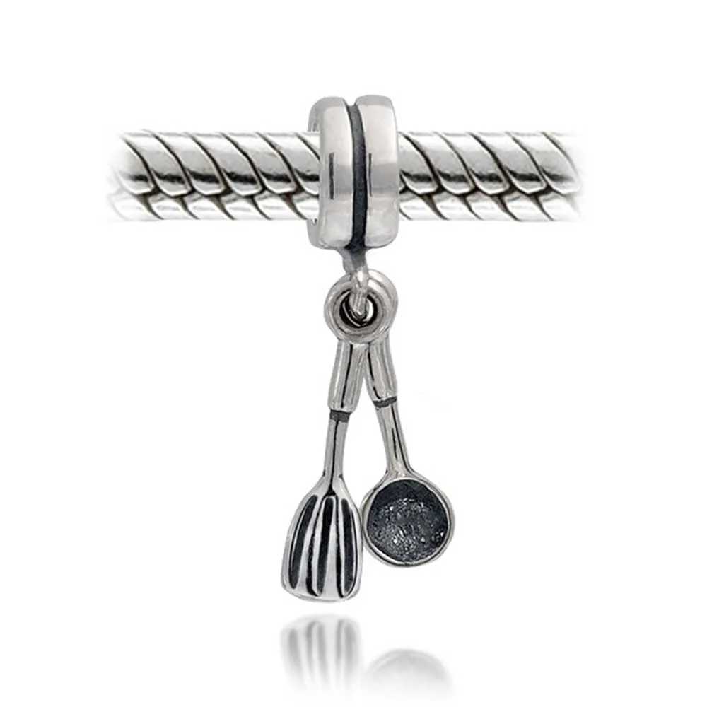 Chef Cook Culinary Kitchen Spoon Fork Sushi Chopsticks Dangle Charm Bead Silver
