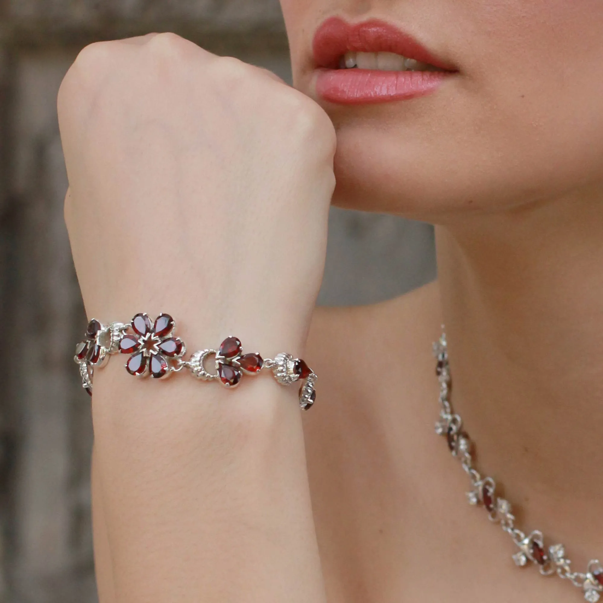 Cherry Blossom Floral Sterling Silver and Garnet Bracelet