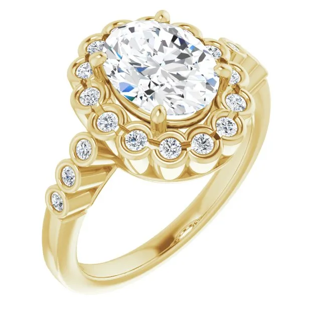 Cubic Zirconia Engagement Ring- The Berkley (Customizable Oval Cut Design with Round-bezel Halo and Band Accents)